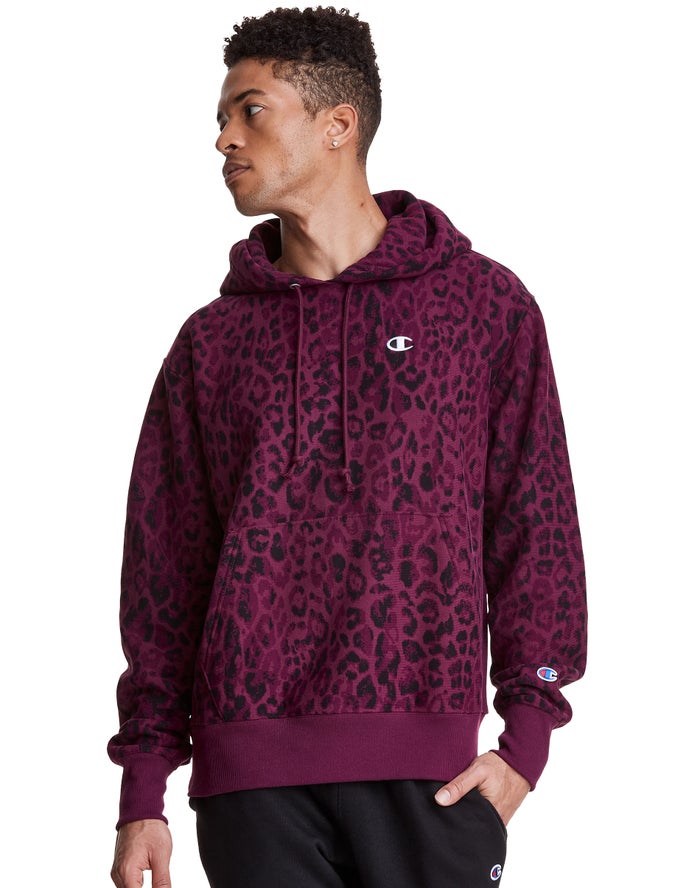 Champion Mens Hoodie NZ - Reverse Weave All Over Print Dark Purple ( 4753-GQWRU )